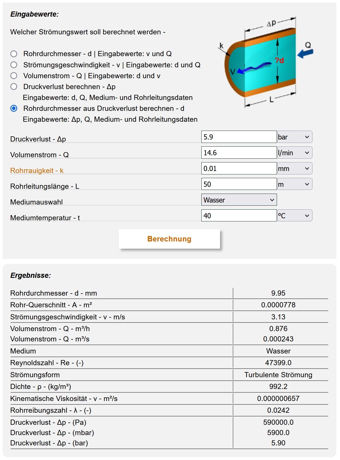 Rueckrechnung wirksamer Durchmesser 50m Schlauch 10mm
